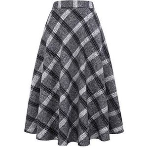 Lange Geruite Wollen Rok - Grijs - A-lijn - Dames