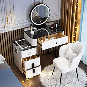 Kaptafel met 3 kleuren LED-verlichting - moderne kaptafel en oplaadstation met 2 USB-poorten - slaapkamer- en badkameropbergkast - gestoffeerde kruk inbegrepen