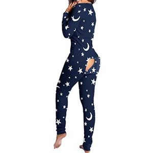 Guiran Eendelige pyjama voor dames, eendelig, diepe V-hals, knoop aan de achterkant en flap, jumpsuit, pyjama, turnpakje, jumpsuit, Marineblauwe Ster Maan, XL