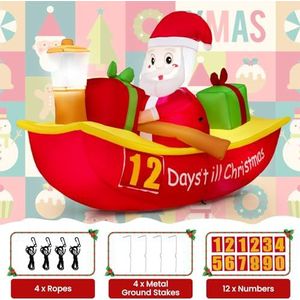GOPLUS Opblaasbare kerstman decoratie, 130 cm kerstman in boot met ledverlichting en countdown-cijfers, kerstdecoratie voor erf en tuin (130 cm - in boot met countdown)
