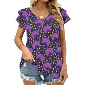 Cartoon Olifanten En Sterren Grafische Blouse Top Voor Vrouwen V-hals Tuniek Top Korte Mouw Volant T-shirt Grappig