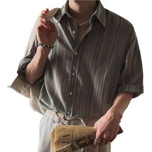 OHERUWKLS Heren Zomer Losse Casual Verticaal Gestreept Shirt Met Korte Mouwen Trendy Professionele Slijtage,Blauw,L