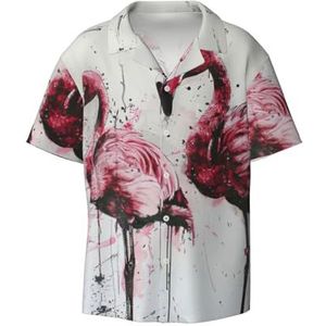 YJxoZH Inkt Flamingo's Print Heren Jurk Shirts Casual Button Down Korte Mouw Zomer Strand Shirt Vakantie Shirts, Zwart, L