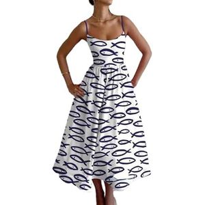 yk8fass Halterjurk met U-hals bq-6662, Wit-blauwe Vis, L