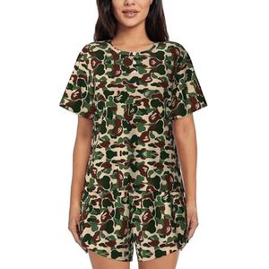 YQxwJL Aniaml Camouflage Groene Print Vrouwen Pyjama Sets Shorts Korte Mouw Lounge Sets Nachtkleding Casual Pjs Met Zakken, Zwart, L