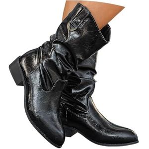Enkellaarsjes For Herfst En Winter Dames Instapschoenen Met Brede Buis Retro Enkellaarsjes Met Blokhak PU Leren Bikerbooties Enkelschoenen Met Spitse Neus(43 EU)