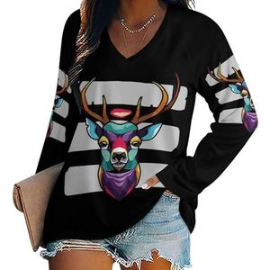 Kleurrijke geometrische rendier hoofd vrouwen lange mouw V-hals T-shirts herfst tops pullover tuniek tee voor leggings