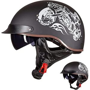 Motorhelm, Vintage motorfiets halve helm DOT/ECE goedgekeurde helmen zonneklep snelsluiting C,XXL(L,XXL(6162 CM))