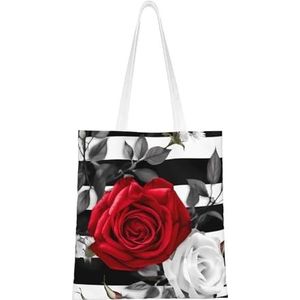 GFLFMXZW Zwart Wit Strepen Rode Rose Bloemen Print Canvas Tote Bag Herbruikbare Boodschappentas Esthetische Handtas Schoudertas Voor Vrouwen Meisjes, Zwart, One Size, Zwart, One Size