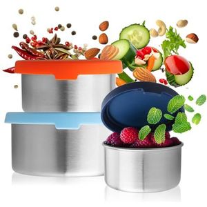 Robin Goods® 6-delige roestvrijstalen blikkenset met siliconen deksel - kleine kommen in 3 maten - multifunctionele metalen blikken - dipschalen - lekvrije bewaarcontainers (3 stuks - klein)
