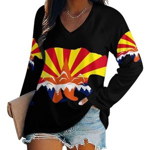 Arizona State Flag Bear Mountain dames V-hals shirt lange mouwen tops casual losse pasvorm blouses