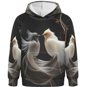 KAAVIYO Abstracte Witte Vogels Hoodie, Sportieve Sweatshirts, Schattige 3D-Print Voor Meisjes Jongens, Patroon., M