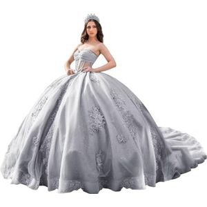 Fuomomo Quinceanera Prinsessenjurk met ruches en staart Quinceanera jurk van tule met parels schattige jurk 16 MT052, zilver., 50/grote maten