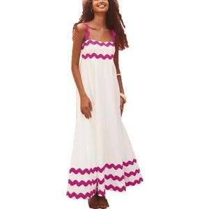 Dames zomer maxi-jurk casual boho mouwloze spaghettibandjes gesmokte lange strandzonjurken(Color:Rose White B,Size:X-Large)