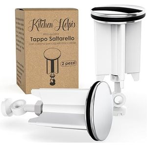 Kitchen Helpis® Kwaliteit wastafelstop, wit 2 stuks, diameter 40 mm, in hoogte verstelbaar tussen 6,5 cm - 10 cm, afvoerstop, wastafel-vleugelstop, schenktuit, voor alle gangbare wastafels