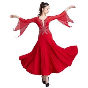 Rood,M,FZHQNZJF Elegant Waltz Tango Prestatie Jurken Flamenco Danskleding met Strass Elastisch Nationale Standaard Rok Ademend Feest Concurrentie Kostuums