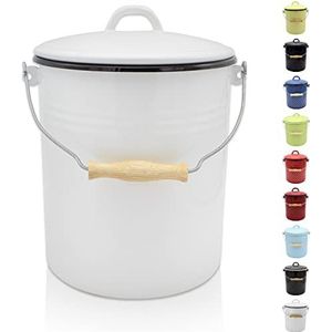 Krüger Vuilnisemmer met deksel, stalen afvalemmer met emaille coating en houten handvat, snij- en krasbestendig oppervlak, duurzaam en veelzijdig inzetbaar (5 liter, wit)