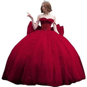 Fuomomo Quinceanera-jurk met dunne bandjes en vlinderglitter, Quinceanera-jurk met vlinders en grote strik, baljurk van kant met parels MT053, Bourgondië, 30 NL