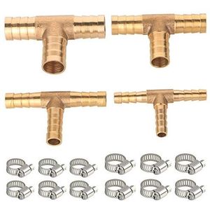 GTIWUNG 4 stuks 3-weg T-vormige brandstofslangconnector, verbindingsadapter van messing voor benzineluchtgasolie (6/8/10/12 mm) + 12 stuks slangklemmen