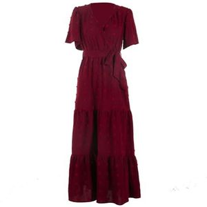 Womens Boho korte mouw V-hals stropdas in de taille jurk met furballs Ruffle gelaagde gesmokte lange cocktailjurk(Dark red,M)