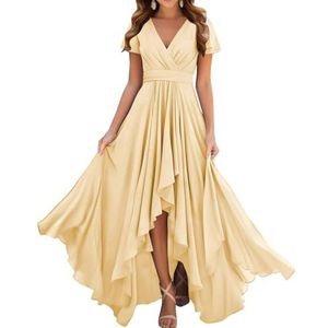 Prinses Bruidsmeisjes Jurken Flutter Mouw Galajurken Chiffon Formele Avondfeest Maxi Jurk met Split ZM209, Champagne, 32