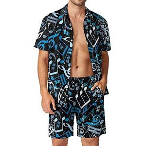 Blauwe muzieknoten Hawaiiaanse bijpassende set voor heren, 2-delige outfits, overhemden en shorts met knopen voor strandvakantie
