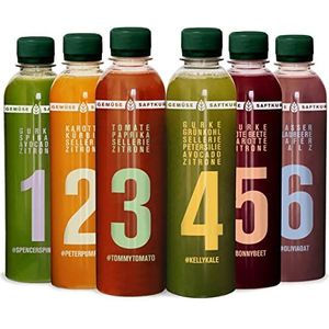 Kale and Me 7-daagse groentesapkuur met 42 flessen van 320 ml zonder additieven, 6 smaken van regionale productie, prijs is inclusief € 10,50 statiegeld