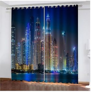 SHBHWS 3D raamgordijnen 3D modern zwart nachtzicht op modern stadsraam gordijn schaduw polyester slaapkamer woonkamer haak doorvoertule decoratief voor slaapkamer (2, HAAK_200W240H (CM) 190 x 224 cm)