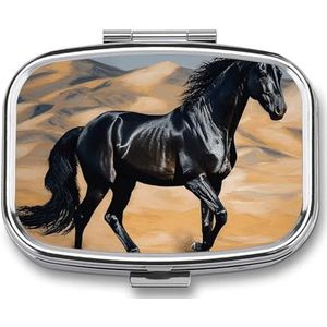 Zwarte Arabische Paard Pil Doos, 2 Compartiment Geneeskunde Pil Case, Draagbare Pil Organizer voor Pocket Of Portemonnee Decoratieve Metalen Geneeskunde Vitamine Organizer