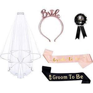 TSHAOUN Bachelor Party Set, Bruidegom en Bride to Be Accessoires Set Inclusief 2 Sjerp, 1 Broche, Bruids Bruiloft Sluier en Bruid Hoofdband voor Bachelor Party Engagement Viering Supplies (2