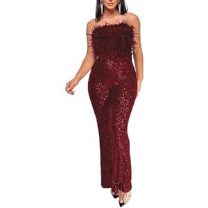 KWISUAWHGA Sexy Jumpsuit met Off-Shoulder Pailletten En Veren voor Dames, Mouwloos Glinsterend Wijd Uitlopende Broek Romper Feestkleding En Clubkleding,Burgundy,3XL