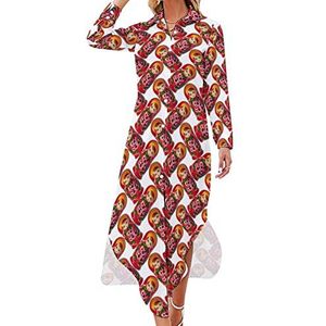 Matreshka Nesting Dolls Maxi-jurk voor dames, lange mouwen, knoopsluiting, casual party, lange jurk, 4XL
