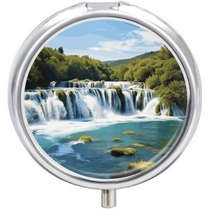 Watervallen op Krka River Pillendoos Waterdichte Draagbare Geneeskunde Pillendoosje Vochtbestendig Metalen Reizen Pillendoos met 3 Compartimenten Medicijnkoffer