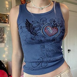 Rhinestone Grafische Tank Tops Fairy Grunge Esthetische Kleding Zwart Geribbelde T-shirts met lange mouwen