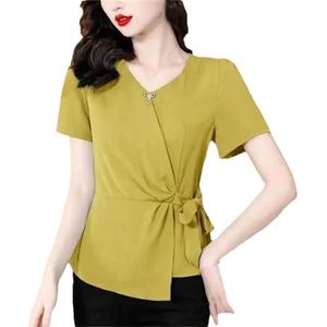 Dvbfufv Dames zomer V-hals effen kleur chiffon shirt dames mode all-match T-shirt tops, Geel, XL