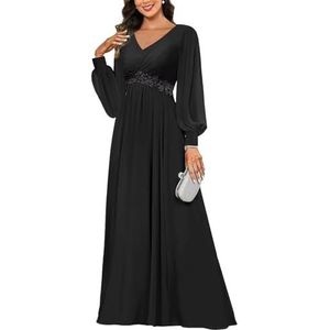 KIYNE Damesjurk met lange mouwen voor moeder van de bruid met kanten applicatie, V-hals, chiffon, formele feestjurk, Zwart, 32