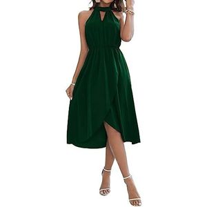 jurken voor dames Halter sleutelgat hals asymmetrische jurk met omslagzoom (Color : Dark Green, Size : M)