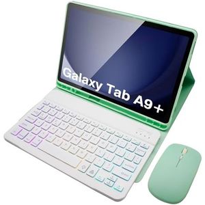 Toetsenbordhoes Voor Samsung Galaxy Tab A9 Plus/A9+ 5G 11 Inch (SM-X210/X216/X218), 7-Kleurig Regenboogkleurig Verlicht Afneembaar Toetsenbord Met Muis, S-Penhouder,Groen