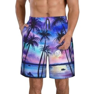 PHTZEZFC Palmboom patroon print heren strandshorts - zomer vakantie strand shorts casual lichtgewicht trekkoord, Wit, M