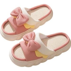 MKLHAVB Stof Thuis Slippers Vrouwen Dikke Platform Linnen Slippers Thuis Antislip Indoor Slipper Zomer Strand Sandalen Zachte EVA Platte Schoenen Leuke Slides Indoor Schoenen, Roze strik, 42-43