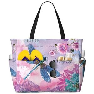 OdDdot Roze bloem en blauwe libelle print herbruikbare strandtas, grote bakken voor strandreizen, mode strandtas voor vrouwen, Zwart, Eén maat