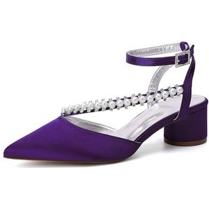 KYEGLO Vrouwelijke Bruidsschoenen Met Spitse Neus En Gesp-Enkelbandje, Satijnen Gesloten Neus Met Bandjes En Parel Voor Bruiden Op Avondfeesten,Dark purple,36