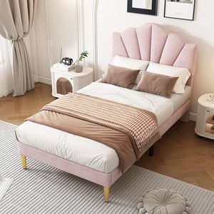 Aunvla Fluweel, gestoffeerd bed, 90 x 200 cm, schelpachtig bed met gouden ijzeren poten, in hoogte verstelbaar hoofdeinde, houten lattenbodem, roze