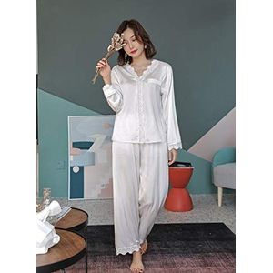 Dame Zijden Satijnen Pyjama Set,2-Delige Pyjama Voor Dames Faux Zijde Satijn Nachtkleding Set Elegante Lange Mouw V-Hals Kanten Pyjama Homewear,Wit,M