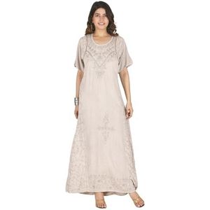 Guru-Shop, Geborduurd+boho+zomerjurk%2C+Indiaans+Hippie+jurk+-+beige+%2F+Design+11, Synthetisch, Size:42, Lange Midi-jurken
