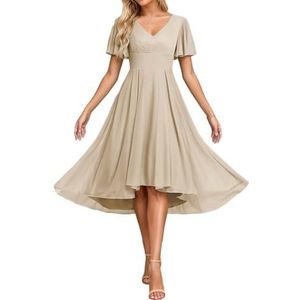 Korte Mouw Bruidsmeisje Jurken voor Bruiloft Hoge Lage Chiffon Formele Avond Party Maxi Gown Thee Lengte AH156, Champagne, 32