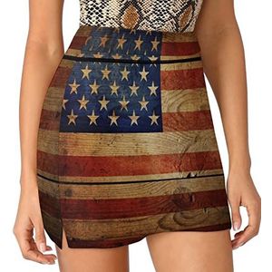 Retro USA Vlag op Hout Vrouwen Skorts Hoge Taille Tennis Rok Gelaagde Korte Mini Rok Culottes Skorts Met Zakken M