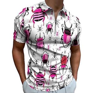 Roze kevers en mieren poloshirt voor heren, casual T-shirts met ritssluiting en kraag, golftops, slim fit