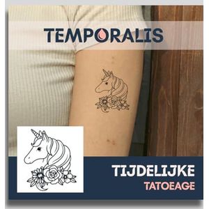 Eenhoorn tattoo – Temporalis® | Tijdelijke tatoeages voor vrouwen & mannen – Nep tattoo vegan & waterbestendig – EU-cosmetica – Blijft 1-2 weken [ Tatoeage Bloemige Eenhoorn ]