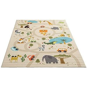 The Carpet Happy Life Speelkleed, tapijt voor kinderkamer, wasbaar, verkeersmat met straten, jungle, dieren, auto‘s, beige, 160 x 220 cm
